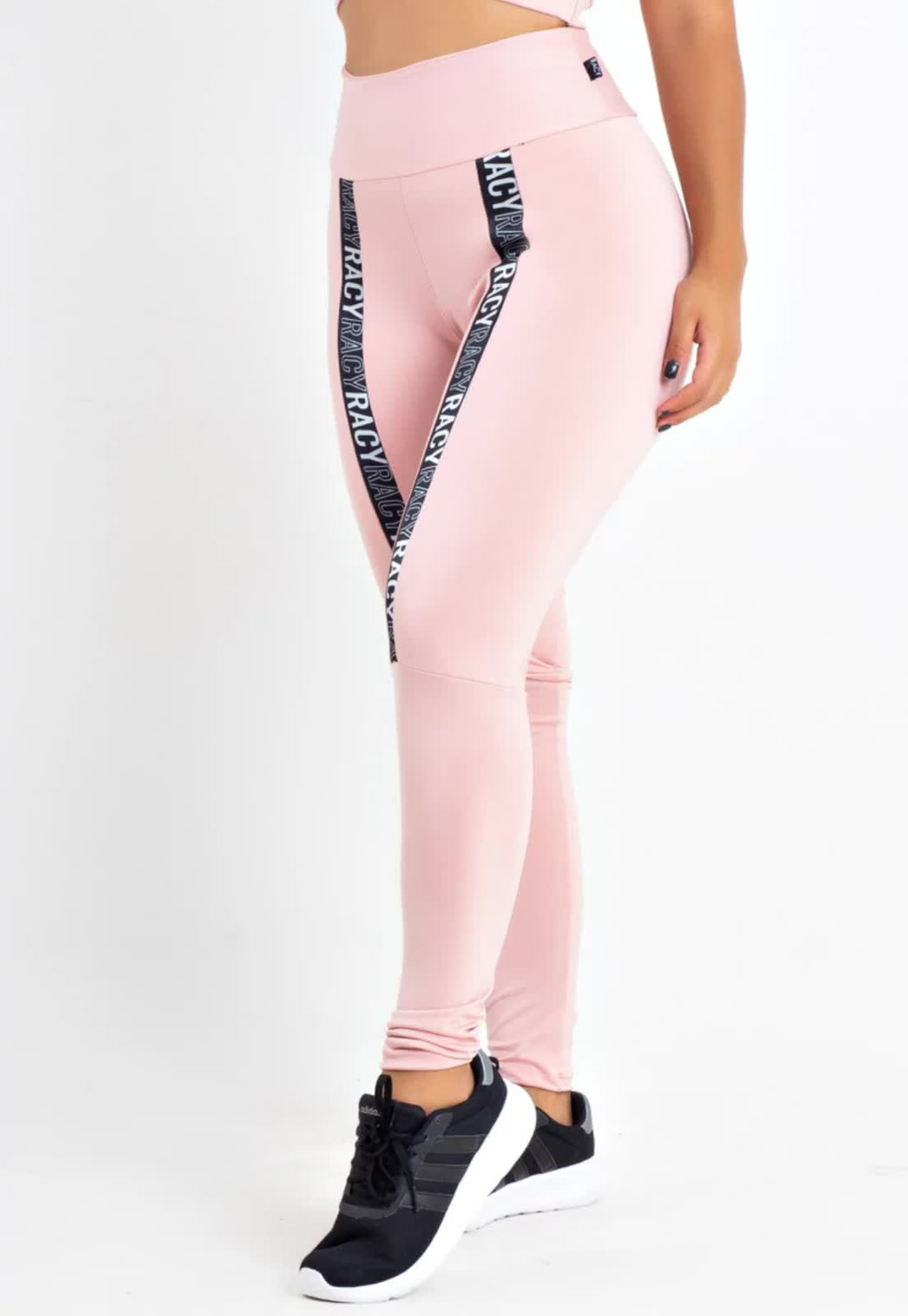 Calça Legging com Elástico Cintura Alta Detalhe Prata nas Pernas