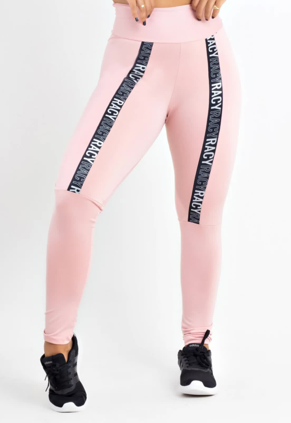 Calça Legging com Elástico Cintura Alta Detalhe Prata nas Pernas