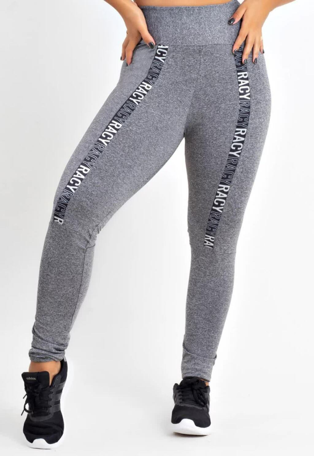 Calça Legging com Elástico Cintura Alta Detalhe Prata nas Pernas